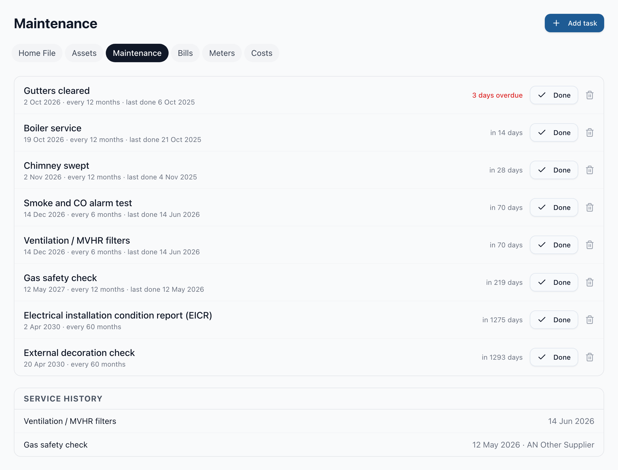 The maintenance schedule in a sample home file: eight recurring tasks with their next due date, one of them overdue, above the service history.