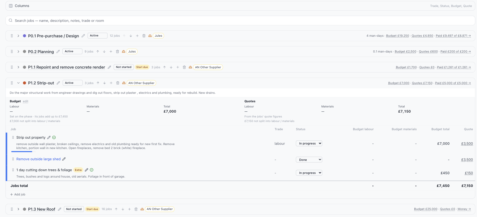 A phase opened out to show its jobs, each with a trade, a status, a budget and a quote.
