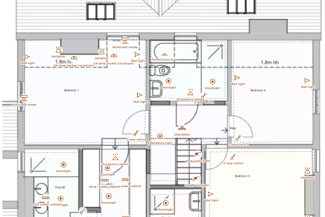 A first-floor plan marked up with lighting symbols: downlights, wall lights, two-way switches and an occupancy sensor, each labelled.