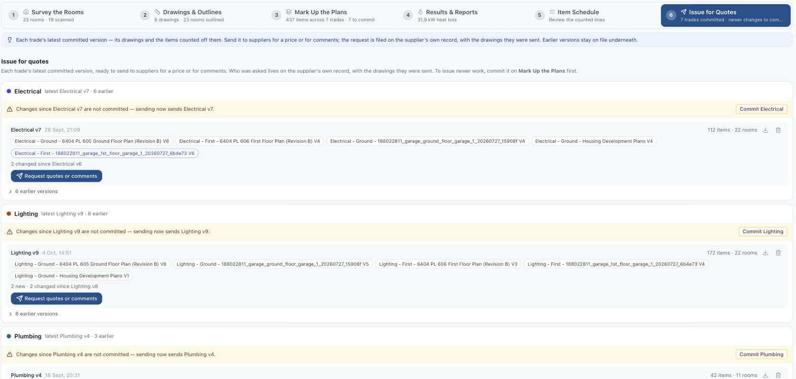 Issue for quotes: each trade's latest committed version, with the drawings in it and a button to request quotes or comments.