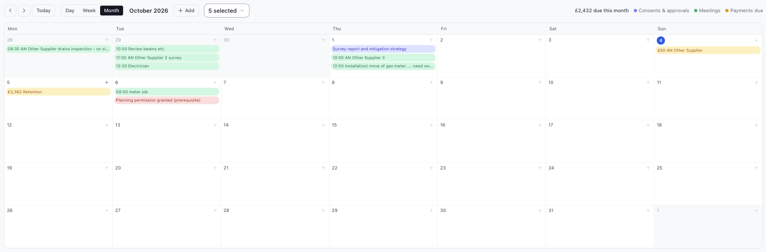 A month calendar showing meetings, consents and payments due.